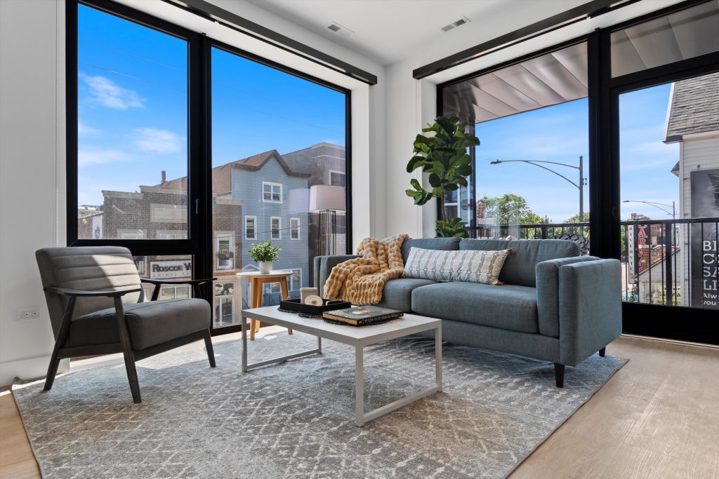 A bright living room at 3140 Clybourn, brand new apartments in Roscoe Village Chicago.