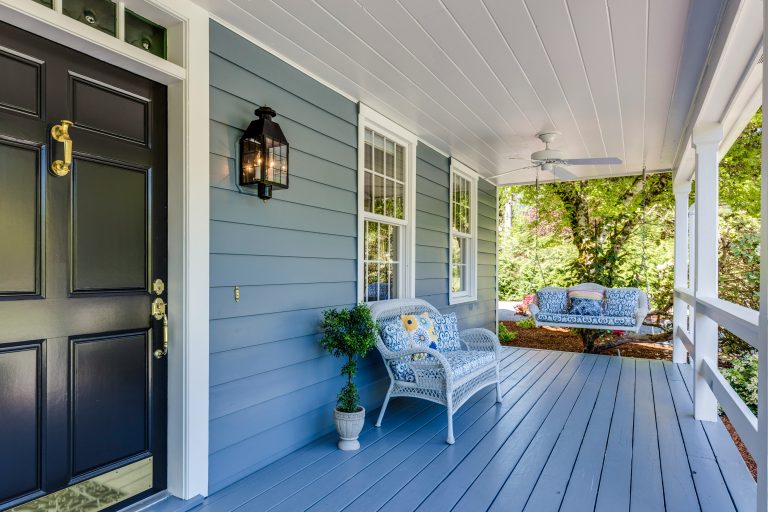 The front porch of a home for sale.