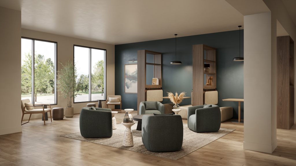 A rendering of an amenity space at Westline.
