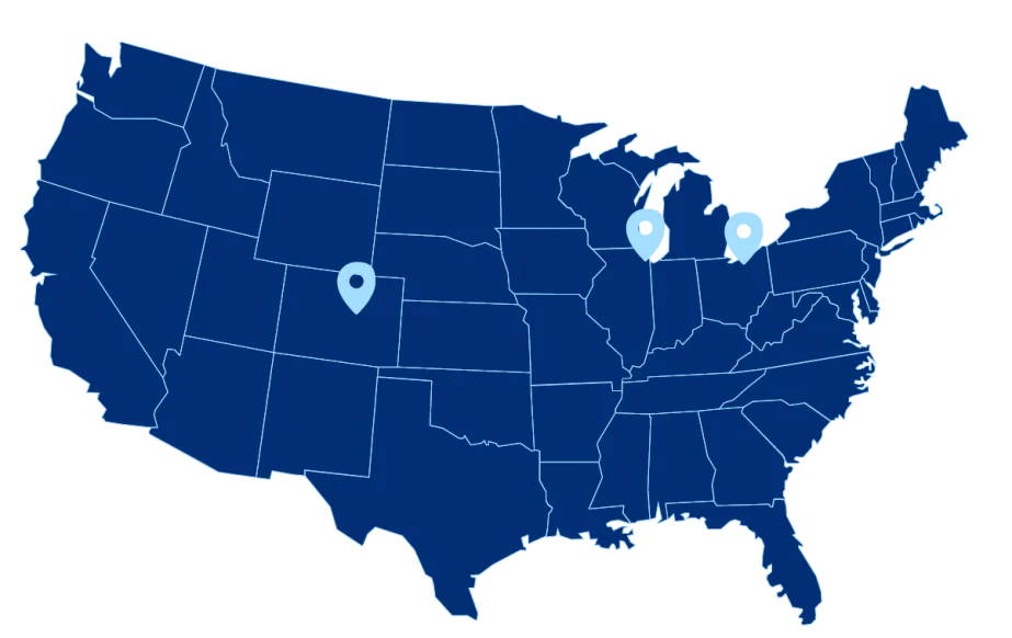 A map of the United States with three location indicators over Chicago, Denver, and Cleveland. These are the cities that Cross Street serves.